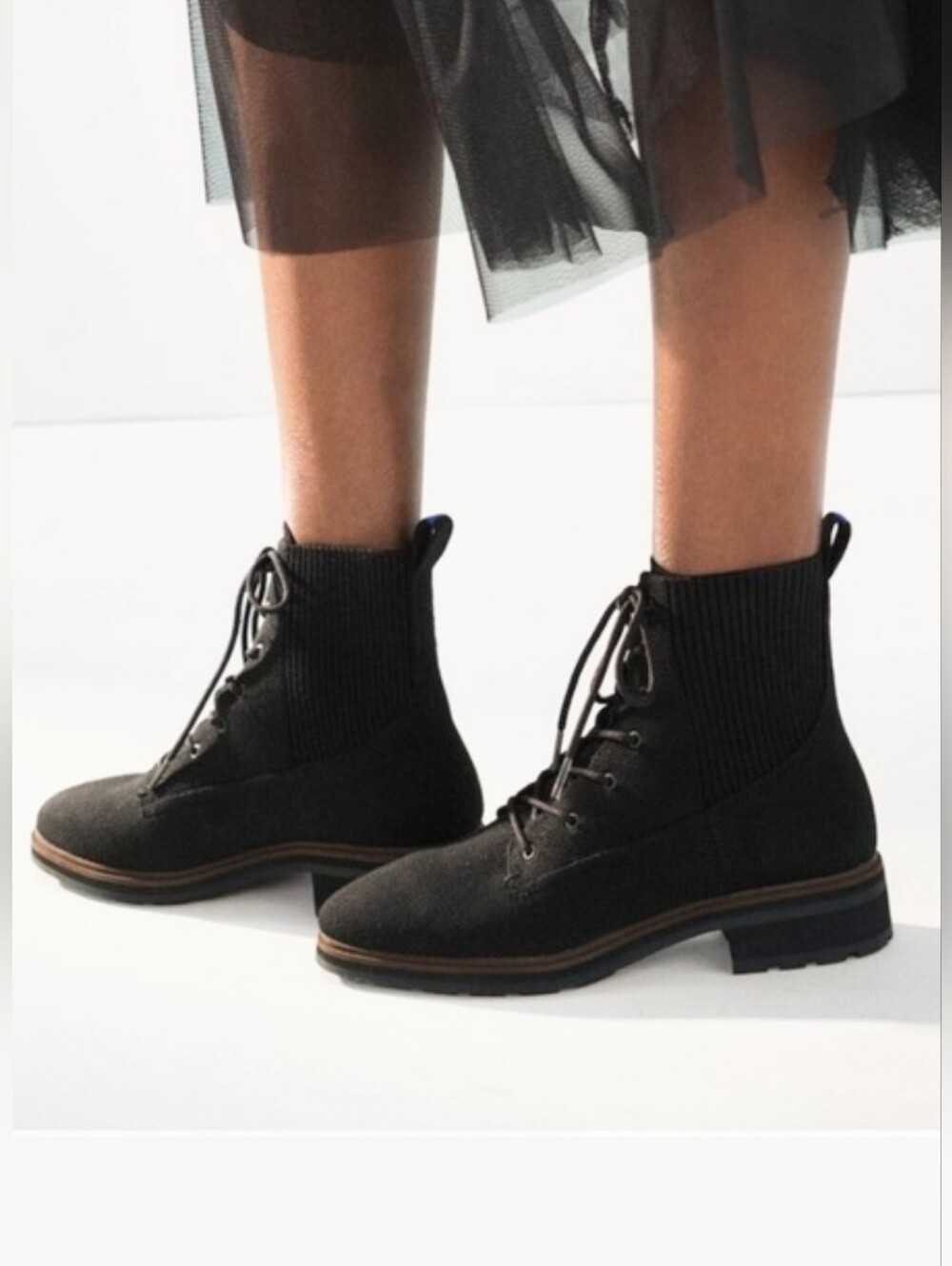 Rothy's The Lace Up Lug Boots Onyx Black Wool blend Knit